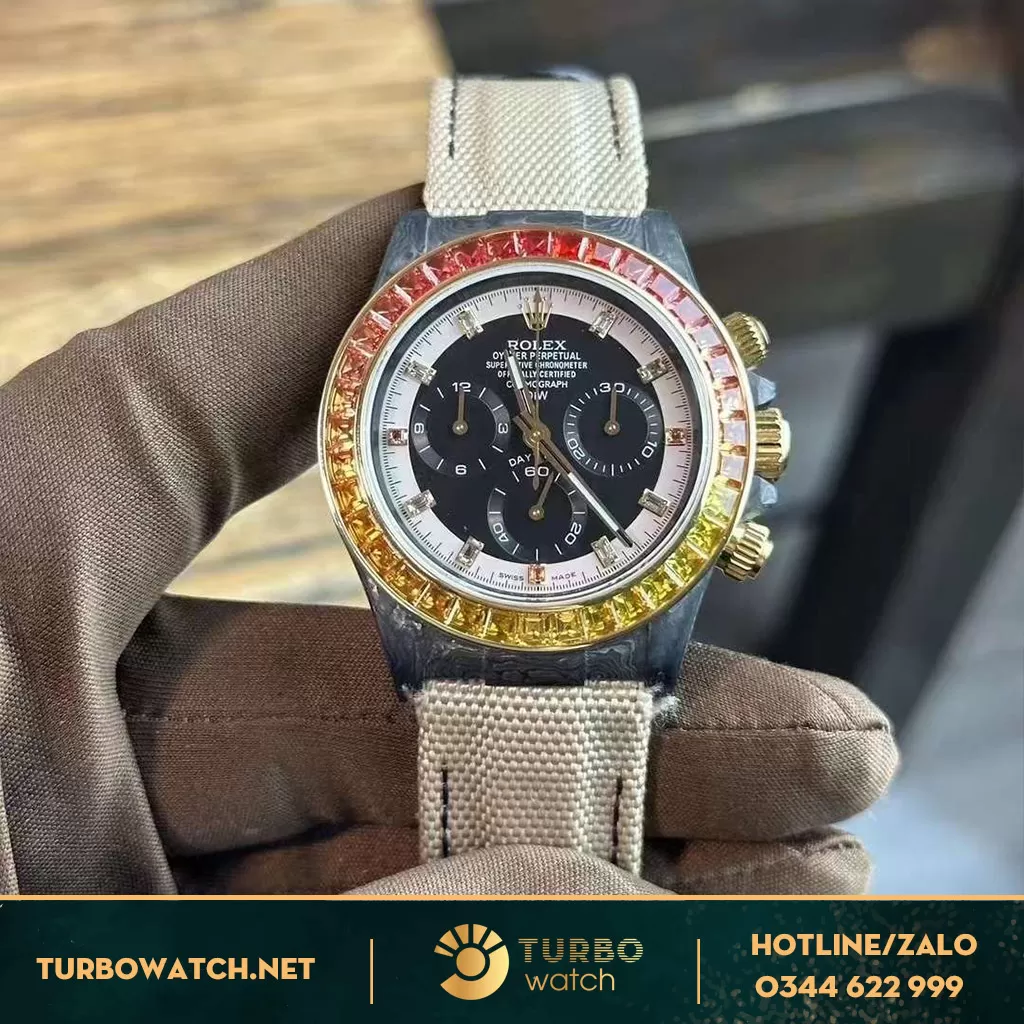 Rolex daytona vỏ carbon benzel saphire baguette