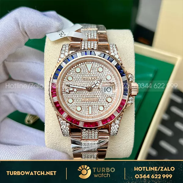 Rolex GMT-Master II 126755 SARU Bọc Vàng 18k Kim Moisanite RuBy 