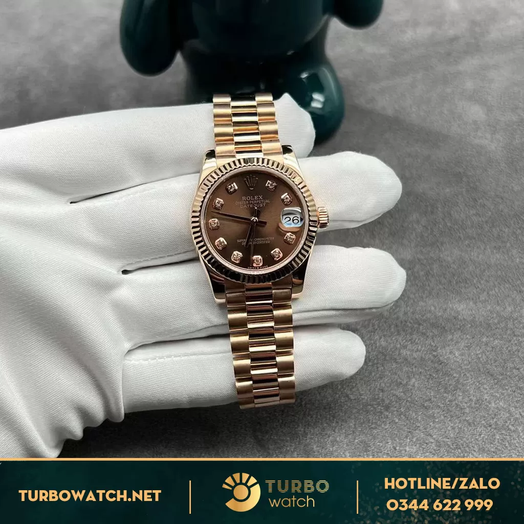Rolex Lady-Datejust 278285 Mặt Chocolate Vàng Hồng 18k cọc số Kim Cương 