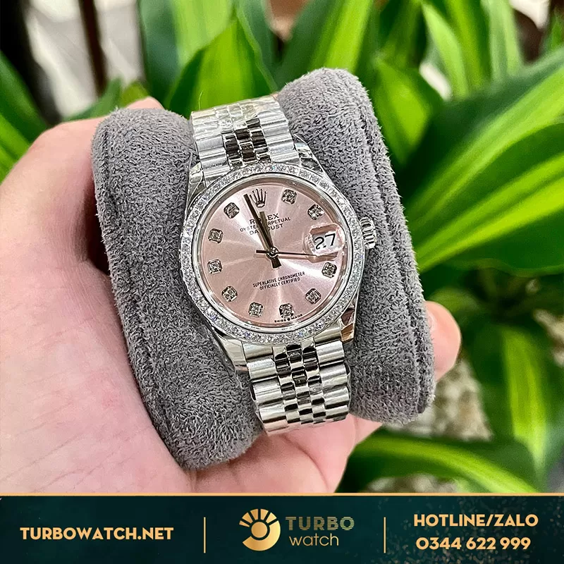 Rolex nữ datejust rep 11 mặt hồng 31mm độ moisaanite