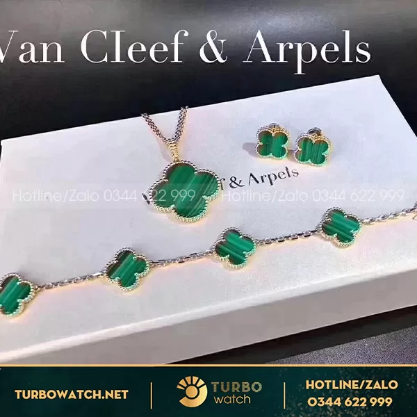 Set Lắc tay,Nhẫn,Bông tai Van Cleef & Arpels xanh lá cây vàng 18k