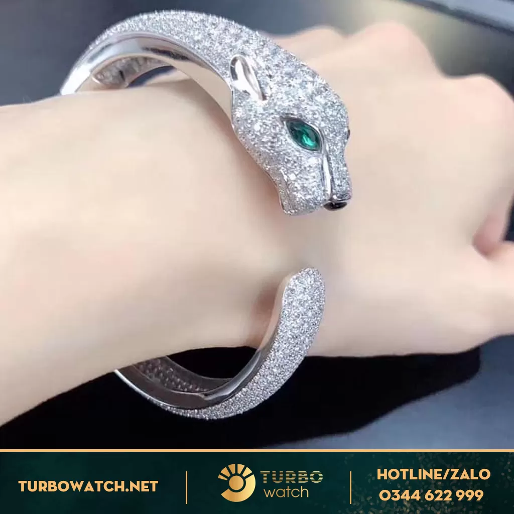 Vòng Tay Cartier Đầu Báo Vàng Trắng 18k Kim Cương Thiên Nhiên